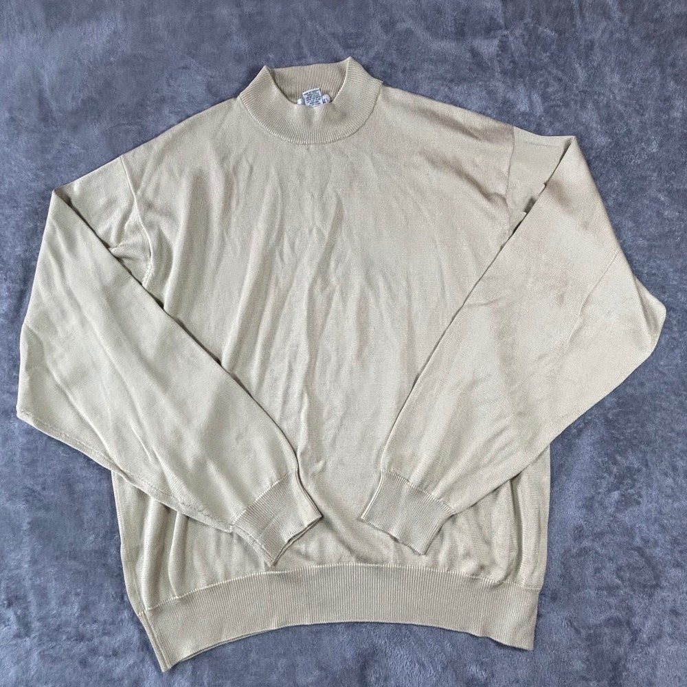 Anthology Mens XL 100% Silk Mock Neck Sweater Tan Beige Long Sleeve Pullover